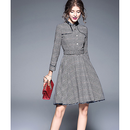 

Women's A Line Dress Midi Dress Gray Long Sleeve Striped Plaid Fall Round Neck Classic & Timeless Cotton Plaid S M L XL