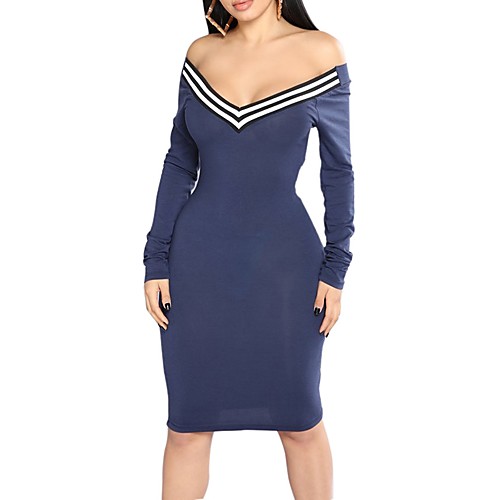 

Women's Bodycon Knee Length Dress Black Blue Red Gray Long Sleeve Striped Color Block Backless Fall Spring Deep V Casual Off Shoulder S M L XL XXL