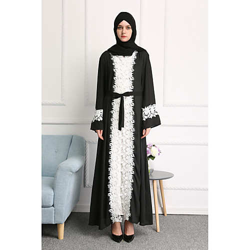

Women's Jalabiya Maxi long Dress Black Long Sleeve Solid Colored Color Block Stitching Lace Lace Round Neck Party Flare Cuff Sleeve S M L XL XXL / High Waist