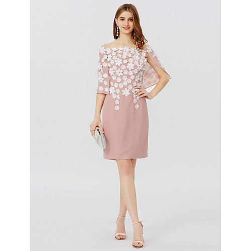 

Sheath / Column Holiday Homecoming Cocktail Party Dress Off Shoulder Half Sleeve Short / Mini Chiffon with Pleats Flower 2021