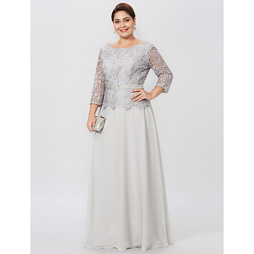 

Sheath / Column Jewel Neck Floor Length Chiffon / Corded Lace 3/4 Length Sleeve Elegant / Plus Size Mother of the Bride Dress with Lace Mother's Day 2020