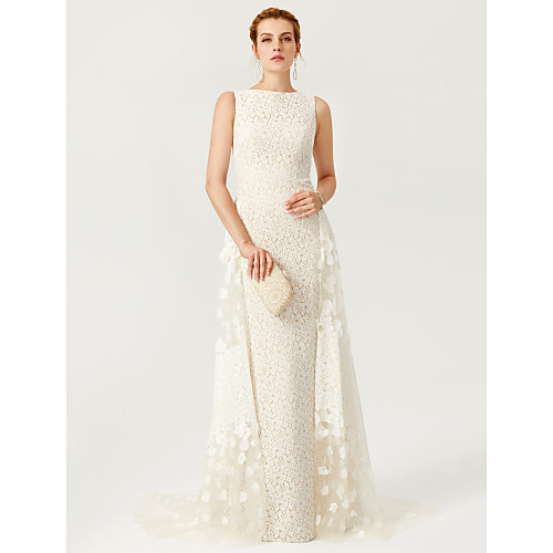 

Ball Gown See Through Illusion Detail Holiday Cocktail Party Formal Evening Dress Bateau Neck Boat Neck Sleeveless Sweep / Brush Train All Over Lace with Lace Pleats Appliques 2021
