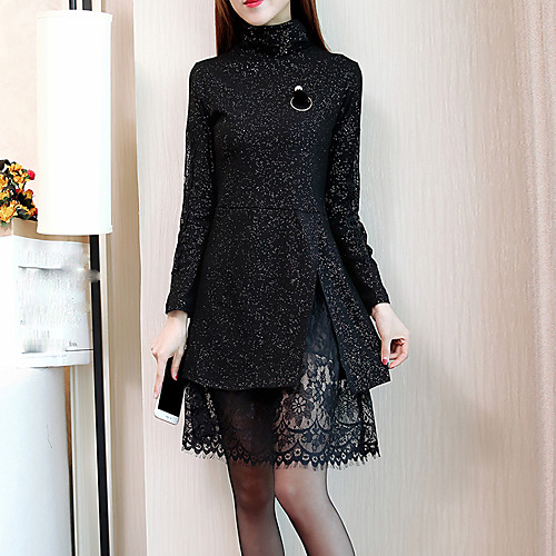 

Women's A Line Dress Short Mini Dress Black Long Sleeve Patchwork Fall Winter Turtleneck Streetwear Boho Lace