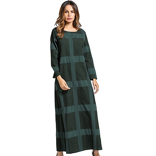 

Women's Tunic Maxi long Dress Green Long Sleeve Plaid All Seasons Round Neck Cotton Plaid M L XL XXL