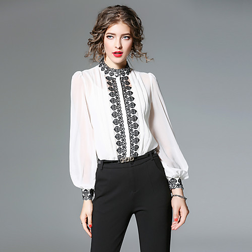 

Women's Embroidery Shirt Embroidered Pleated Oversized Long Sleeve Daily Tops Vintage Stand Collar White Black / Going out / Lantern Sleeve