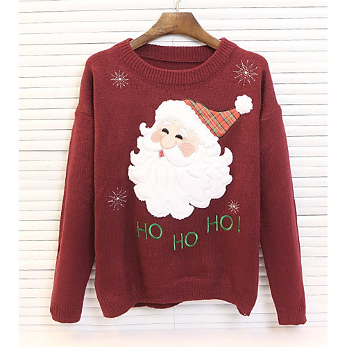 

Women's Print Pullover Cotton Long Sleeve Regular Sweater Cardigans Round Neck Winter White Black Blue / Christmas