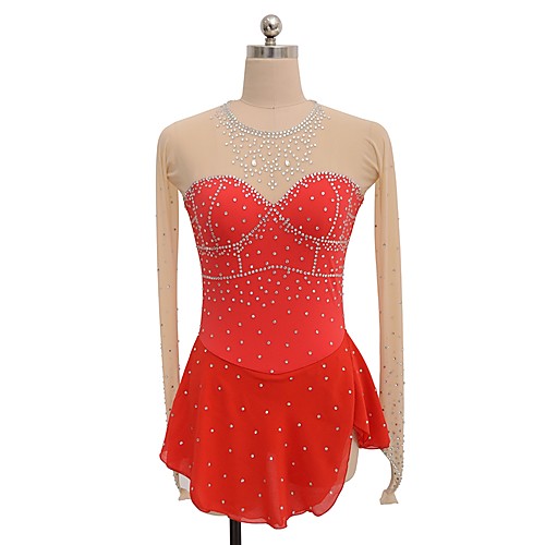 

Figure Skating Dress Women's Girls' Ice Skating Dress Red Spandex Chiffon Stretchy Competition Skating Wear Handmade Sequin Hollow Long Sleeve Figure Skating