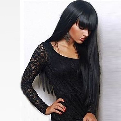 

Synthetic Wig Straight Kardashian Straight With Bangs Wig Long Black#1B Synthetic Hair 24 inch Women's With Bangs Black