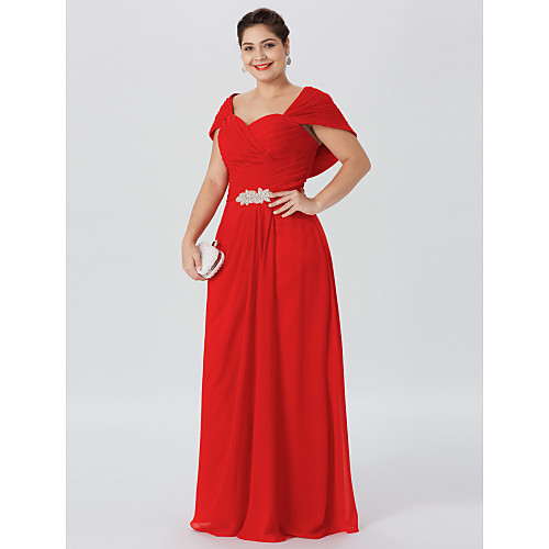 

Sheath / Column Mother of the Bride Dress Elegant & Luxurious Glamorous & Dramatic Plus Size Off Shoulder Floor Length Chiffon Short Sleeve with Criss Cross Ruched Crystal Brooch 2021