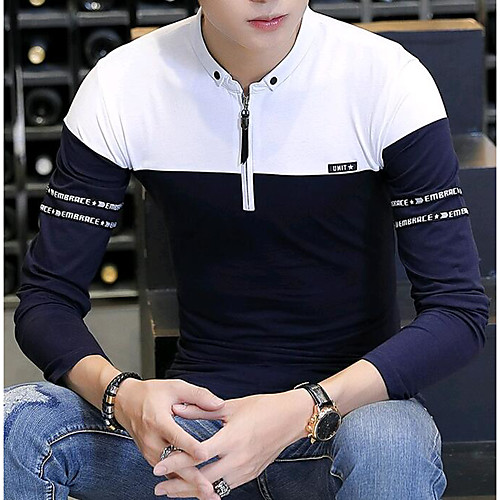 

Men's T shirt Color Block Long Sleeve Daily Tops Cotton Streetwear White Black Royal Blue