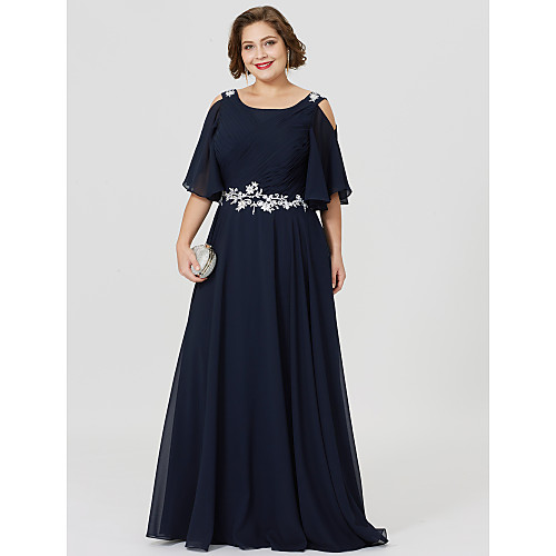 

Ball Gown A-Line Mother of the Bride Dress Classic & Timeless Elegant & Luxurious Color Block Scoop Neck Floor Length Georgette Half Sleeve with Criss Cross Appliques 2021