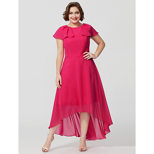 

A-Line Mother of the Bride Dress Chic & Modern Glamorous & Dramatic Plus Size Jewel Neck Asymmetrical Chiffon Long Sleeve with Pleats Flounced 2021