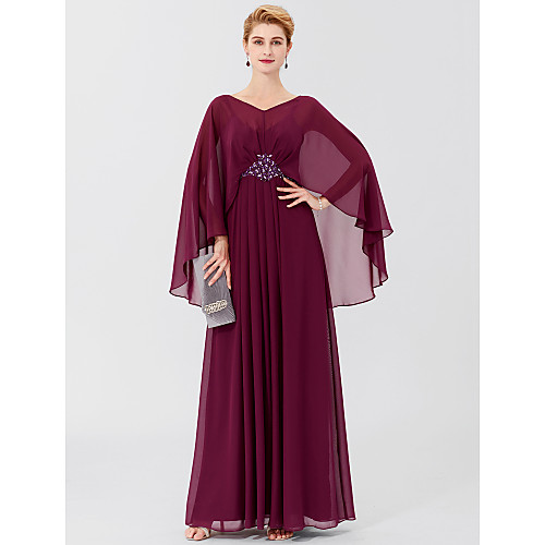 

Sheath / Column Mother of the Bride Dress Classic & Timeless Elegant & Luxurious Elegant V Neck Floor Length Chiffon Long Sleeve with Pleats Beading 2021