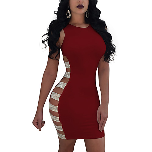 

Women's Bodycon Short Mini Dress White Black Wine Royal Blue Sleeveless Patchwork Hollow-out Cut Out Spring Summer Round Neck S M L XL XXL
