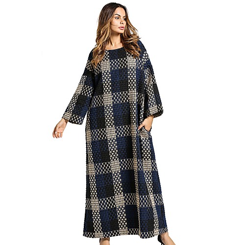 

Women's Tunic Maxi long Dress Blue Long Sleeve Plaid Round Neck Plaid One-Size