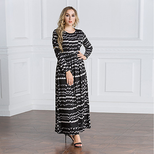 

Women's Swing Dress Maxi long Dress Black Long Sleeve Color Block Spring & Fall Round Neck S M L XL XXL 3XL 4XL 5XL 6XL / Plus Size
