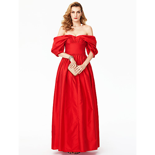 

Ball Gown Celebrity Style Holiday Cocktail Party Prom Dress Off Shoulder Short Sleeve Floor Length Satin with Pleats 2021