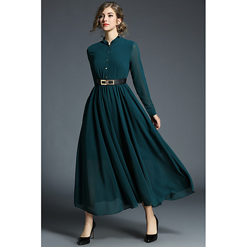 

Women's Sheath Dress Maxi long Dress Navy Blue Long Sleeve Solid Colored Vintage Ruched Holiday Spring All Seasons Stand Collar Casual Streetwear Work S M L XL XXL / High Waist