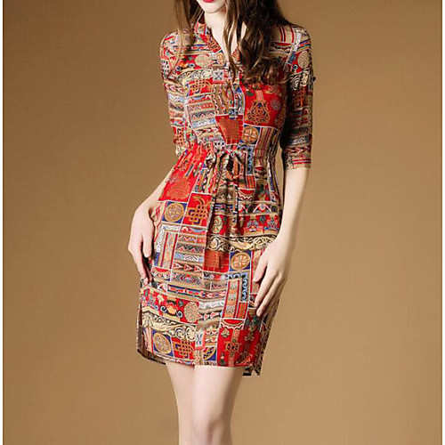 

Women's Loose Short Mini Dress Red 3/4 Length Sleeve Color Block Spring Shirt Collar Cotton S M L XL XXL