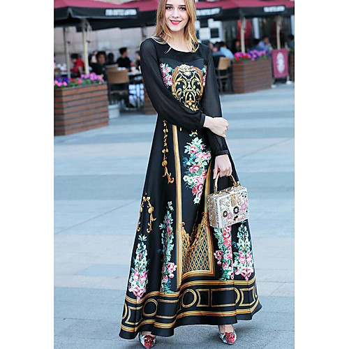 

Women's Swing Dress Maxi long Dress Black Long Sleeve Floral Print Spring Round Neck S M L XL