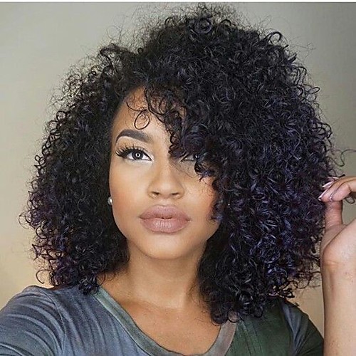 

Human Hair Glueless Lace Front Lace Front Wig Bob Layered Haircut With Bangs style Brazilian Hair Kinky Curly Wig 130% Density with Baby Hair Natural Hairline 100% Virgin Unprocessed Women's Medium
