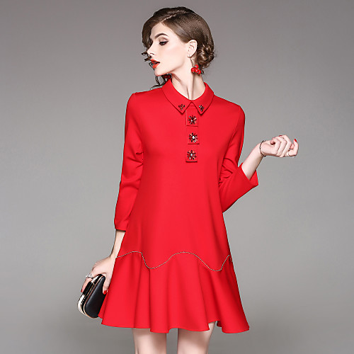 

Women's A Line Dress Short Mini Dress Black Red Long Sleeve Solid Colored Beaded Fall Shirt Collar Streetwear Going out Puff Sleeve Cotton S M L XL