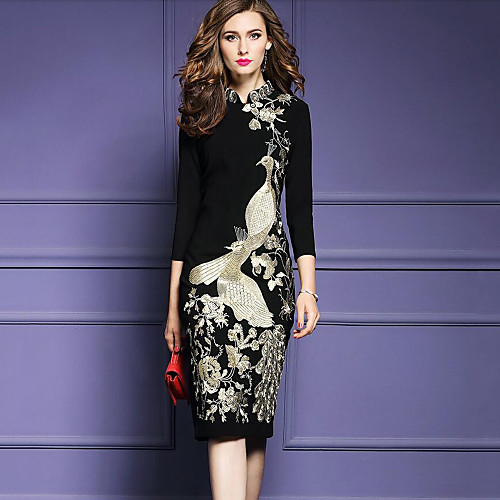 

Women's Bodycon Knee Length Dress Black 3/4 Length Sleeve Embroidered Fall Stand Collar Streetwear S M L XL XXL 3XL / Plus Size