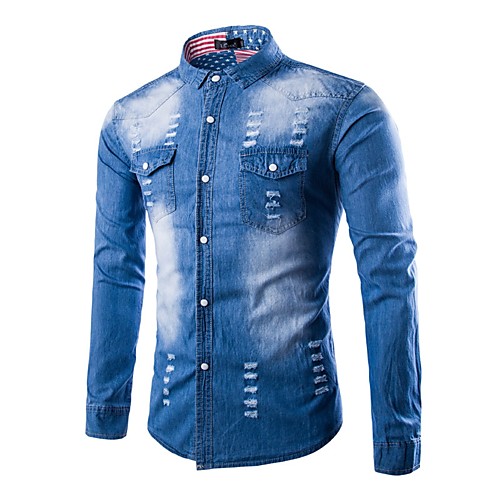

Men's Shirt Solid Colored Plus Size Ripped Long Sleeve Daily Tops Cotton Vintage Blue Light Blue