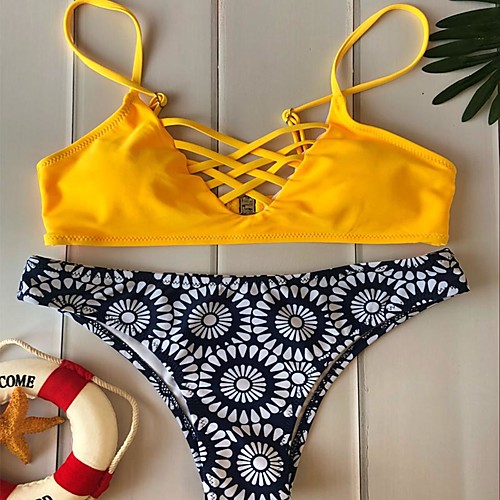 

Women's Tankini Swimsuit Color Block Red Yellow Swimwear Bathing Suits