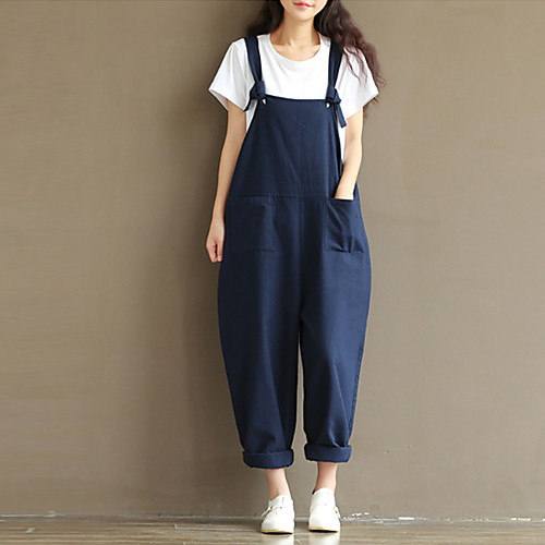 

Women's Streetwear Street Athleisure Weekend Strap Black Blue Brown Loose Jumpsuit Solid Colored Cotton