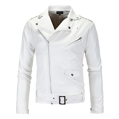 

Men's Daily / Weekend Street chic / Punk & Gothic Fall / Winter Short Leather Jacket, Solid Colored V Neck Long Sleeve PU White / Slim