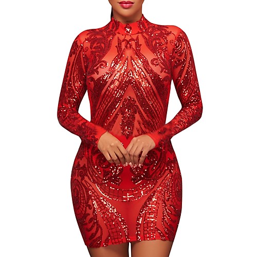 

Women's Sheath Dress Short Mini Dress Red Beige Long Sleeve Red Solid Colored Fall Winter Round Neck Sequins S M L XL XXL