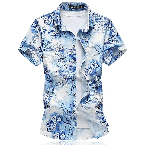 

Men's Plus Size Floral Shirt - Cotton Chinoiserie Daily Blue / Summer / Short Sleeve