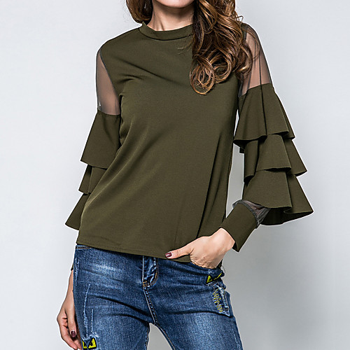 

Women's Blouse Solid Colored Mesh Long Sleeve Party Tops Cotton Streetwear Black Army Green Gray