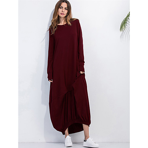 

Women's Jalabiya Maxi long Dress Black Wine Army Green Dark Gray Gray Long Sleeve Solid Colored Summer Round Neck Cotton S M L XL