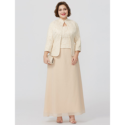 

Sheath / Column Mother of the Bride Dress Plus Size Convertible Dress Two Piece Square Neck Ankle Length Chiffon Over Satin 3/4 Length Sleeve with Lace 2021