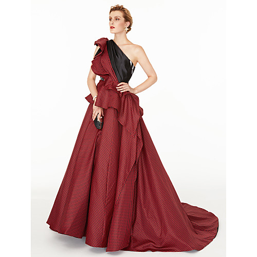 

Ball Gown Celebrity Style Holiday Cocktail Party Formal Evening Dress One Shoulder Sleeveless Court Train Satin Taffeta with Pleats Side Draping Color Block 2021
