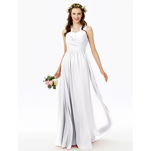 

A-Line V Neck Floor Length Chiffon Bridesmaid Dress with Lace / Criss Cross / Pleats