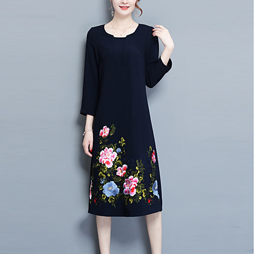 

Women's Shift Dress Knee Length Dress Blue 3/4 Length Sleeve Floral Embroidered Fall Spring Round Neck Sophisticated M L XL XXL 3XL 4XL / Plus Size