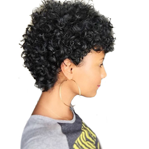 

Human Hair Blend Wig Short Curly Jerry Curl Short Hairstyles 2020 Curly Jerry Curl African American Wig Machine Made Women's Natural Black #1B 8 inch