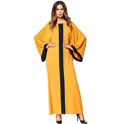 

Women's Tunic Maxi long Dress Yellow Long Sleeve Solid Colored Round Neck Cotton Oversized One-Size