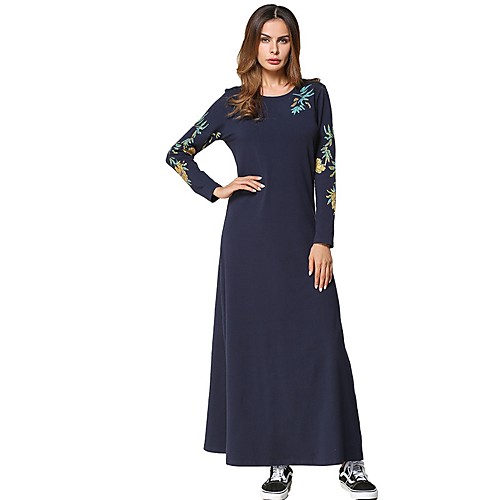 

Women's Sheath Dress Maxi long Dress Navy Blue Long Sleeve Floral Solid Colored Round Neck M L XL XXL