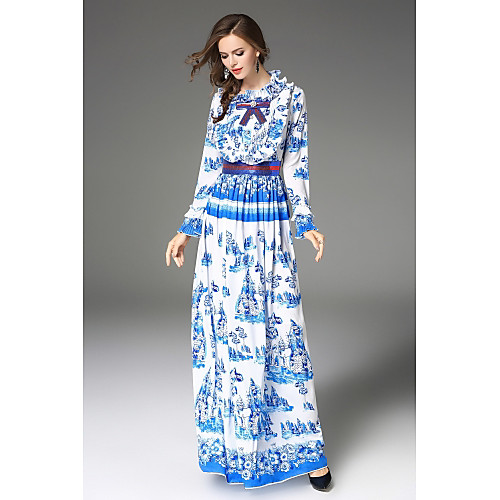 

Women's Sheath Dress Maxi long Dress Light Blue Long Sleeve Floral Stand Collar Going out Flare Sleeve S M L XL XXL