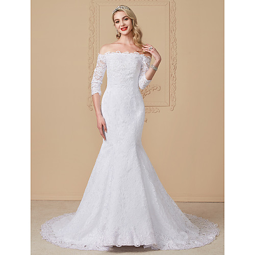 

Mermaid / Trumpet Wedding Dresses Off Shoulder Court Train Lace Sequined 3/4 Length Sleeve Romantic Plus Size Illusion Sleeve with Beading Appliques 2021