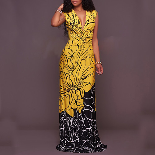 

Women's Bodycon Maxi long Dress Yellow Sleeveless Sexy Lady Color Block Retro Spring Summer Deep V Boho S M L XL