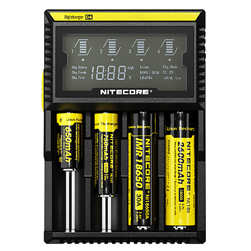 

Nitecore D4 Battery Charger Smart Integrated LCD Panel Displays for Li-ion, Ni-Cd, Ni-MH Protected Circuit, Short Circuit Protection, Over Charging Protection USA UK EU Plug Options 10440,14500,16340