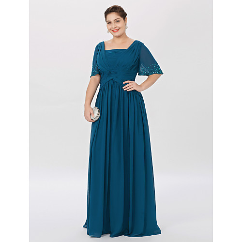 

Ball Gown A-Line Mother of the Bride Dress Classic & Timeless Elegant & Luxurious Plus Size Square Neck Floor Length Chiffon Short Sleeve with Pleats Beading 2021