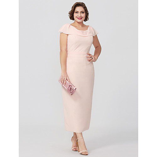 

Sheath / Column Mother of the Bride Dress Elegant & Luxurious Plus Size Elegant Cowl Neck Tea Length Chiffon Short Sleeve with Bow(s) 2021