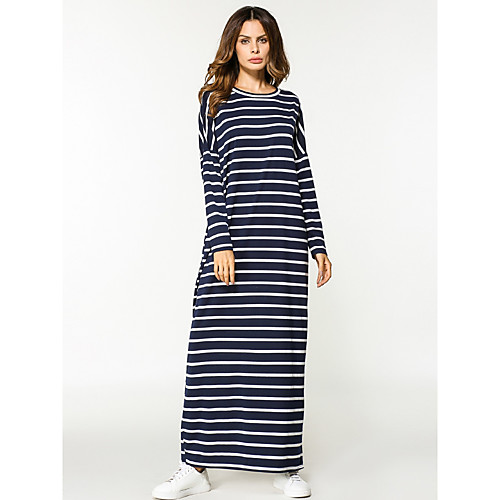 

Women's Sheath Dress Maxi long Dress Navy Blue Long Sleeve Striped Round Neck Cotton M L XL XXL