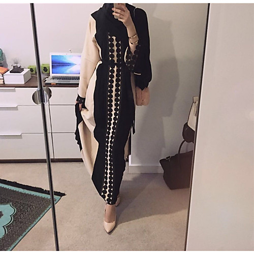 

Women's Jalabiya Maxi long Dress Beige Long Sleeve Dusty Rose Patchwork Color Block Stitching Lace Round Neck Party Flare Cuff Sleeve / High Waist